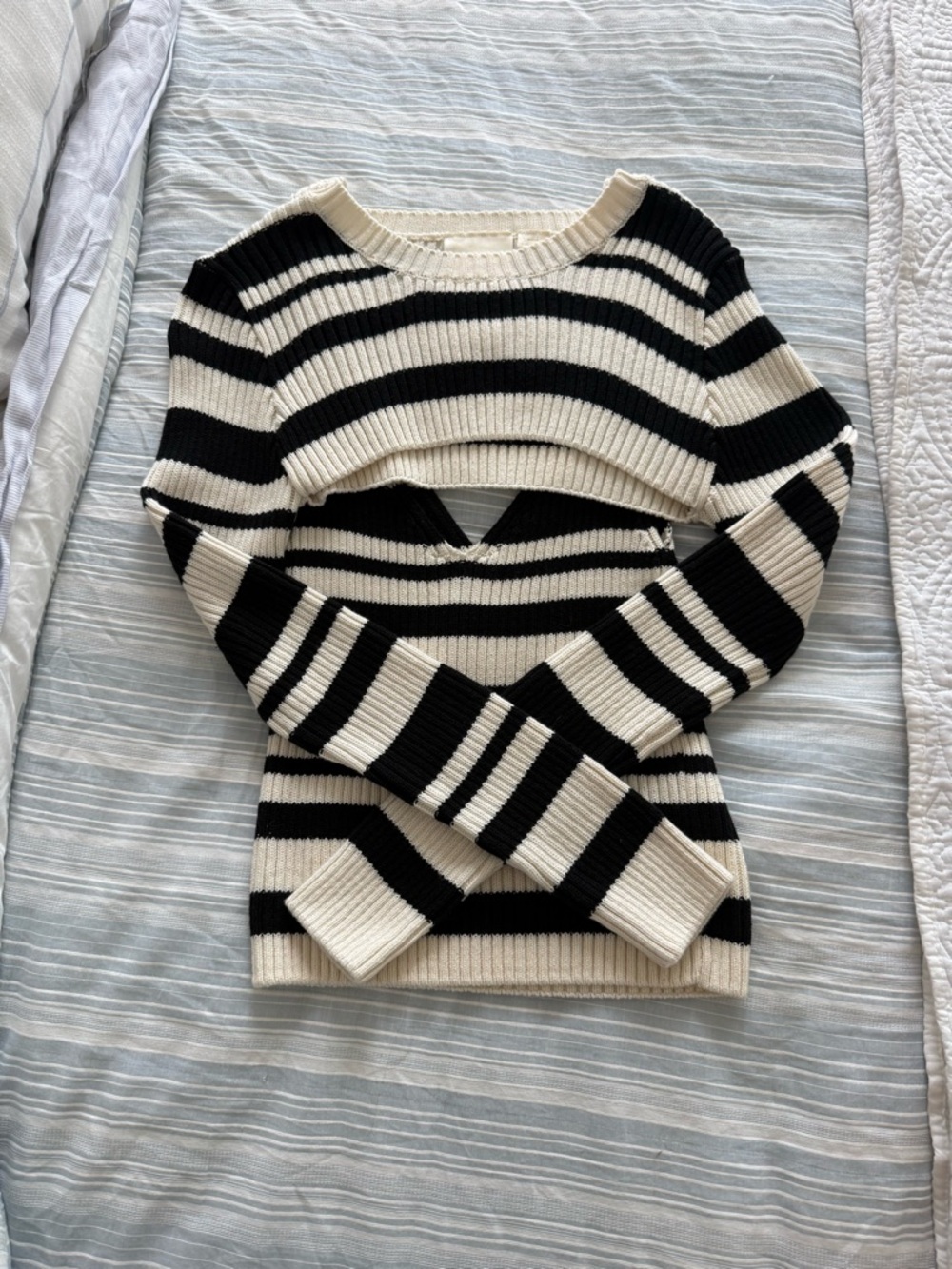 Anthropologie Black & Cream Striped Cutout Ribbed Sweater